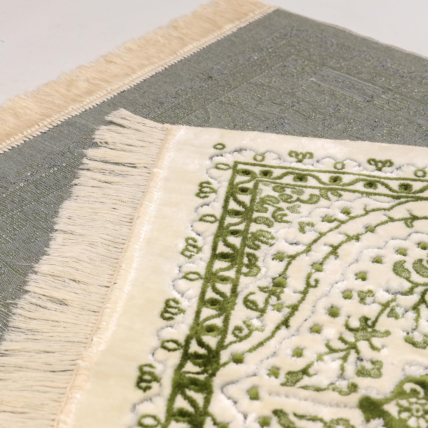 Luxury Soft Plush Sage Green & Cream Velvet Prayer Rug with Prayer Cap - Firaset