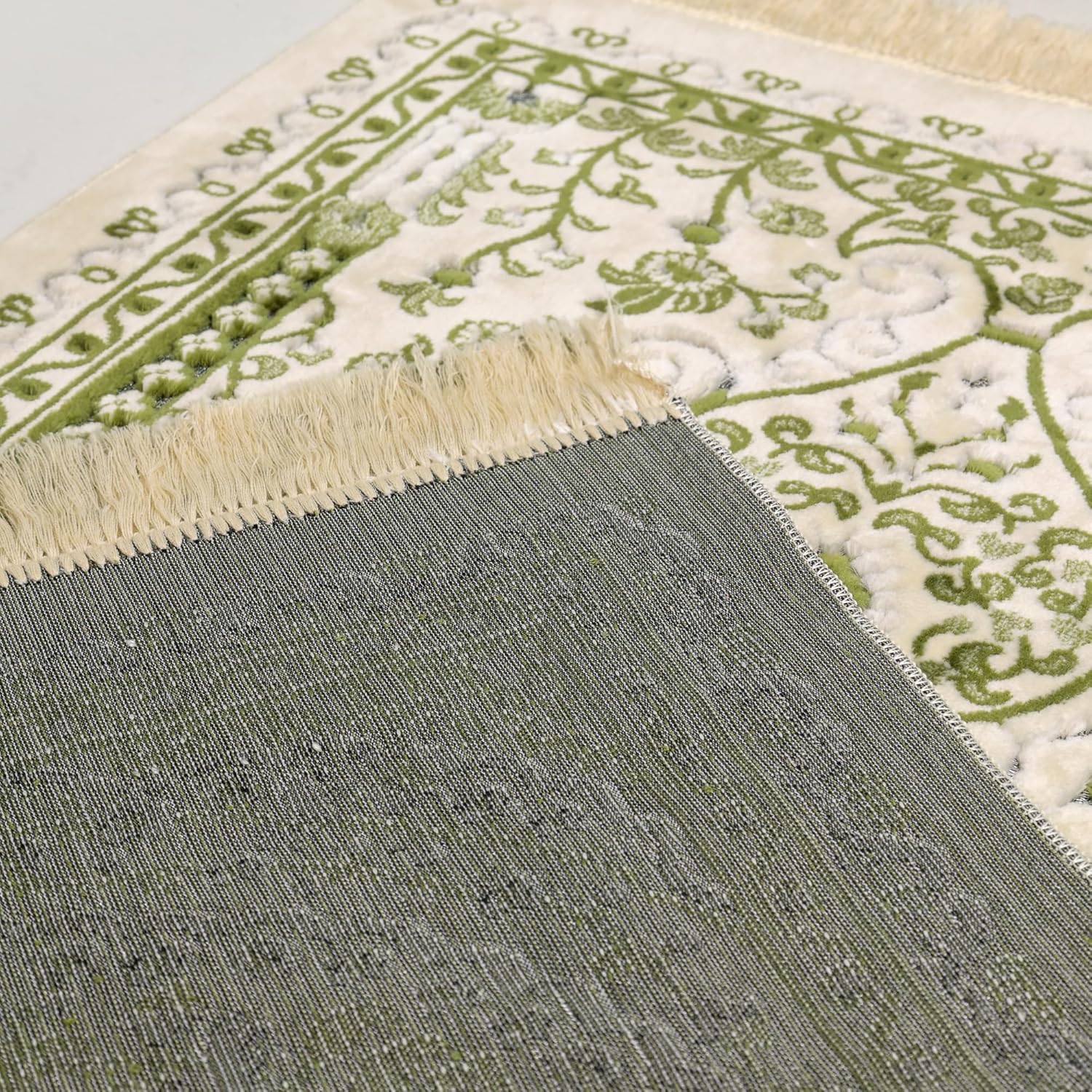 Luxury Soft Plush Sage Green & Cream Velvet Prayer Rug with Prayer Cap - Firaset