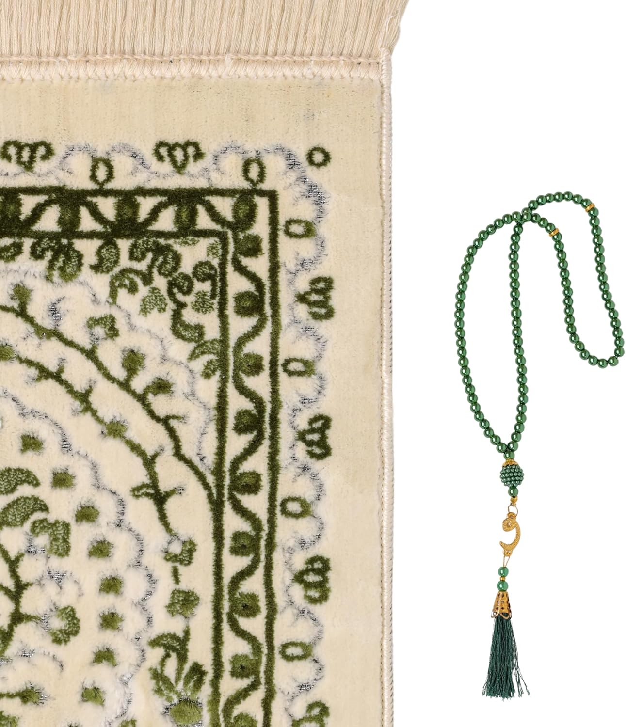 Luxury Soft Plush Sage Green & Cream Velvet Prayer Rug with Prayer Cap - Firaset