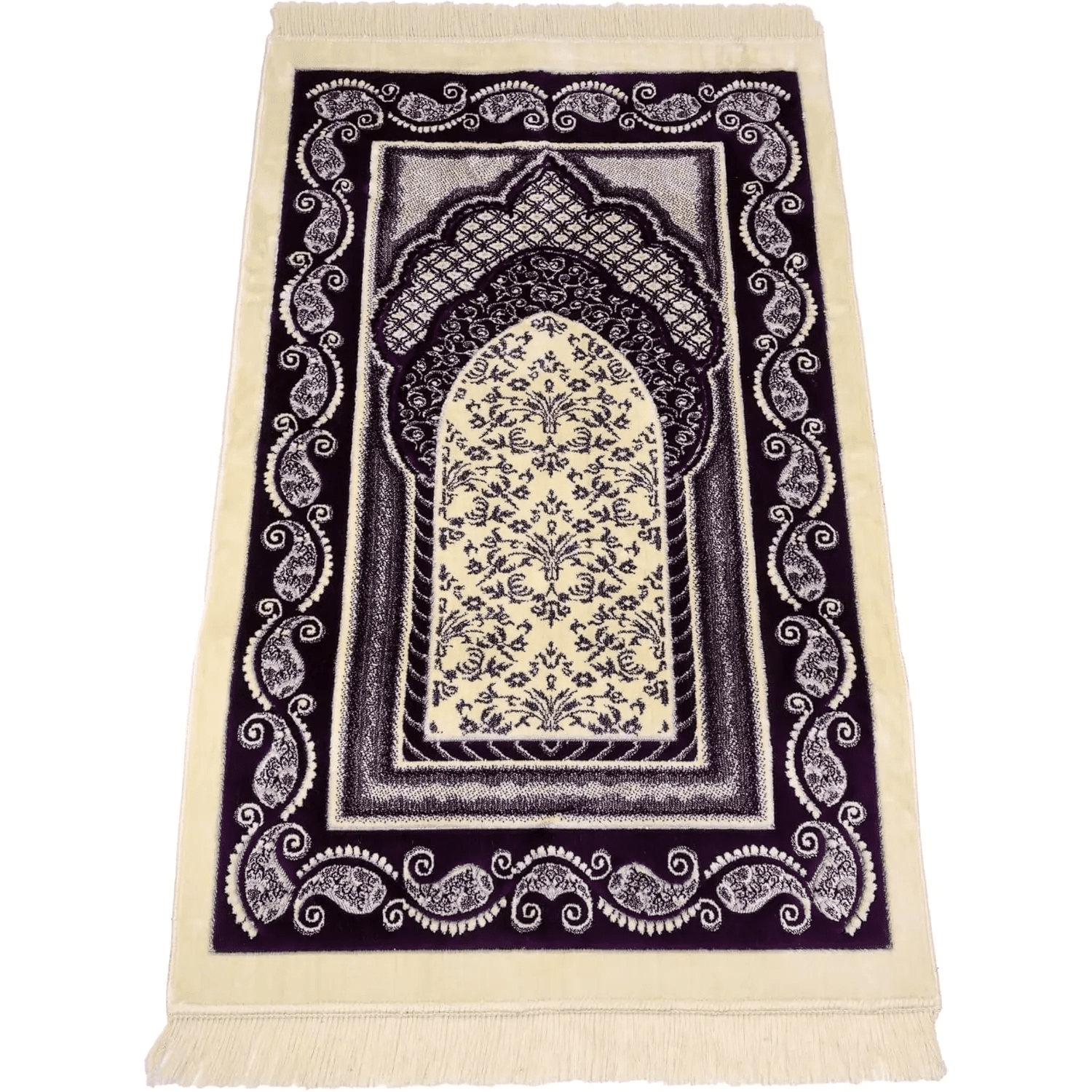 Luxury Soft Plush Velvet Prayer Rug – Royal Purple & Cream Paisley Design - Firaset