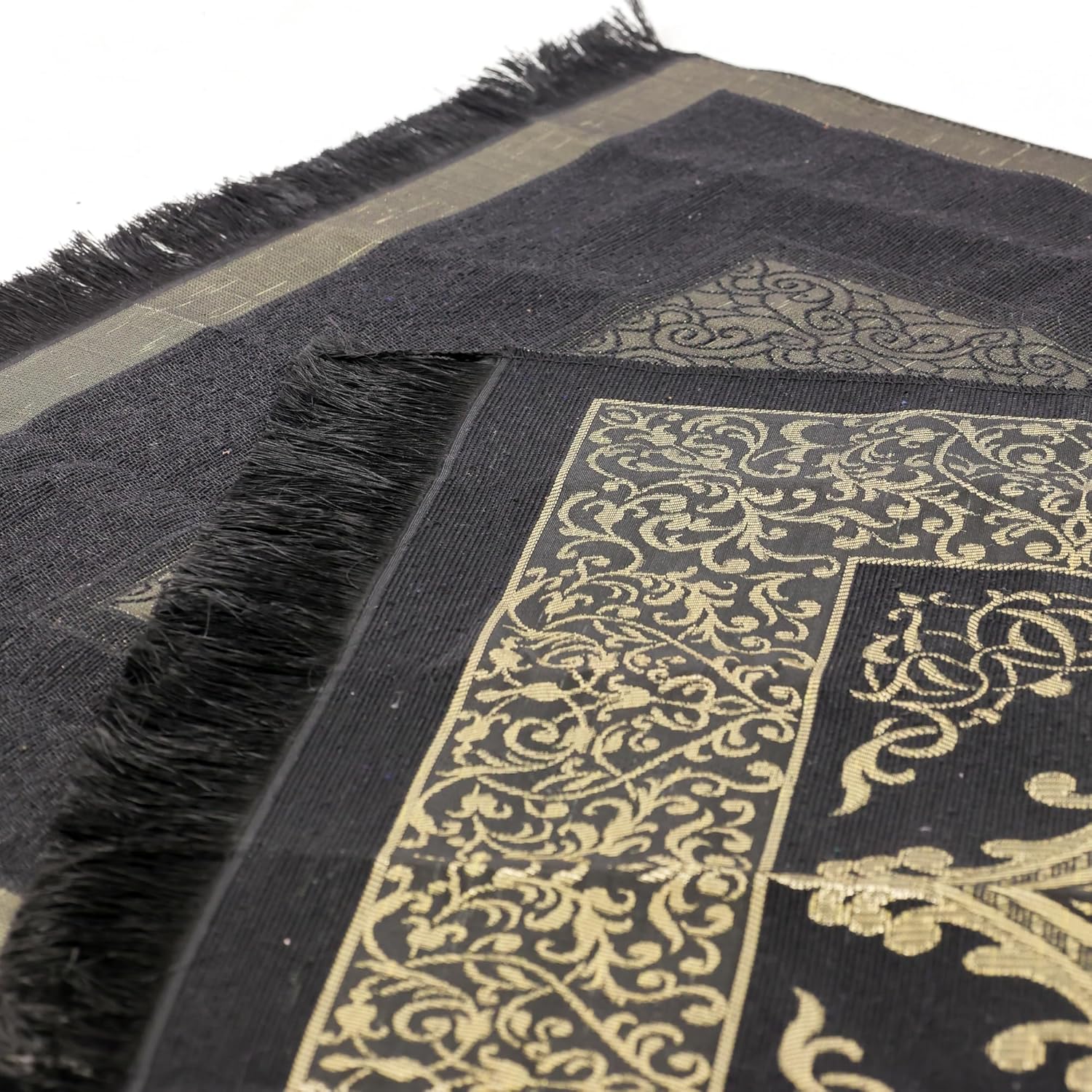 Luxury Taffeta Prayer Rug Set – Black Janamaz with Cylinder Gift Box & Pearl Tasbeeh - Firaset