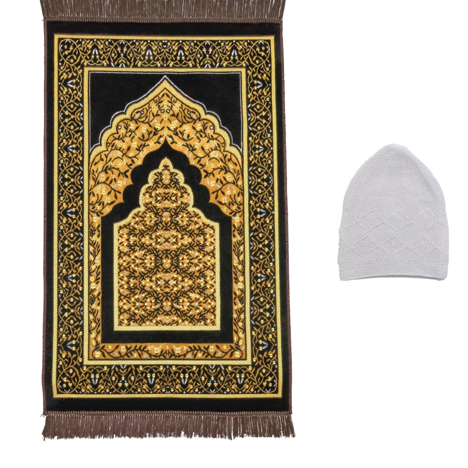 Luxury Turkish Brown & Gold Velvet Prayer Rug with Prayer Cap - Firaset
