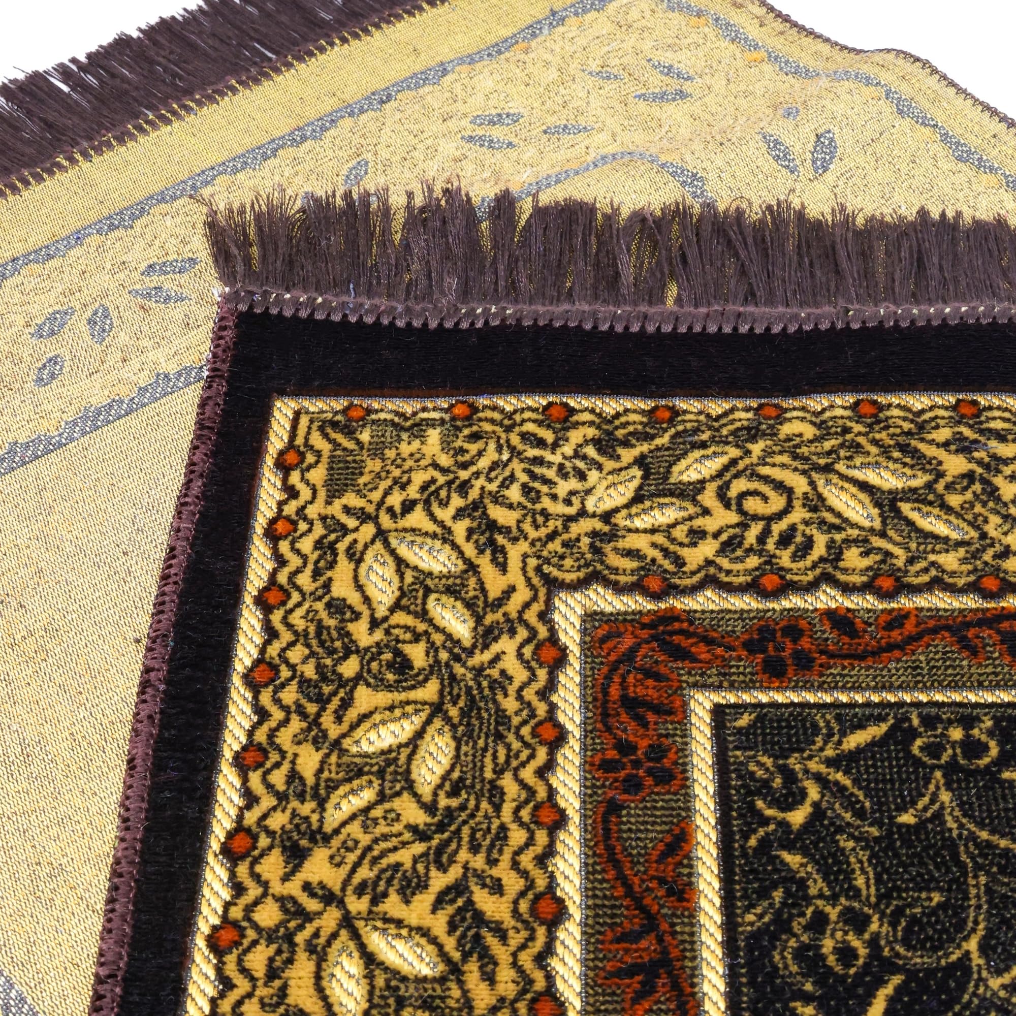 Luxury Turkish Brown & Gold Velvet Prayer Rug with Prayer Cap - Firaset