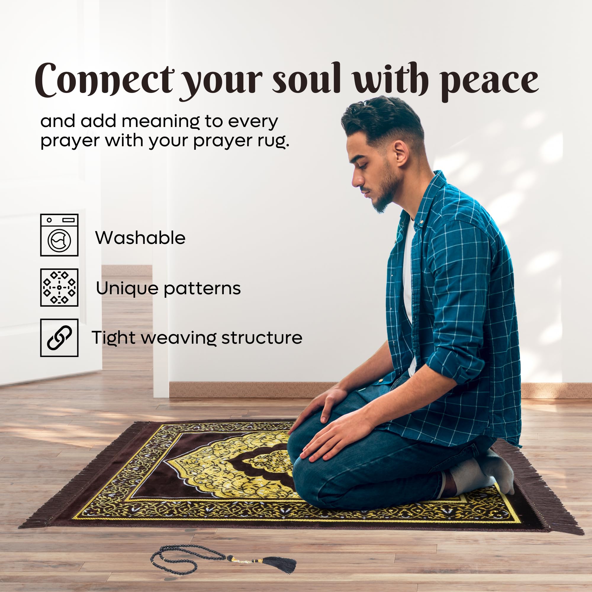 Luxury Turkish Brown & Gold Velvet Prayer Rug with Prayer Cap - Firaset