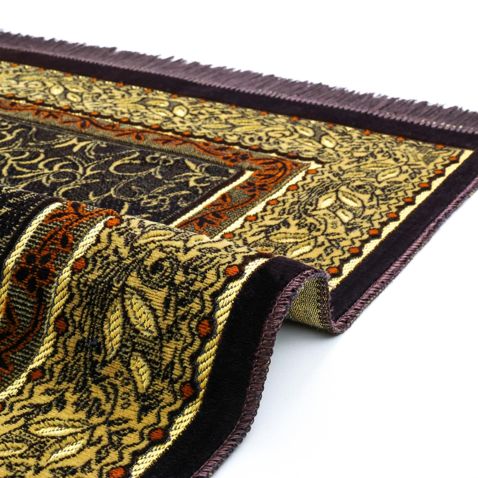 Luxury Turkish Brown & Gold Velvet Prayer Rug with Prayer Cap - Firaset