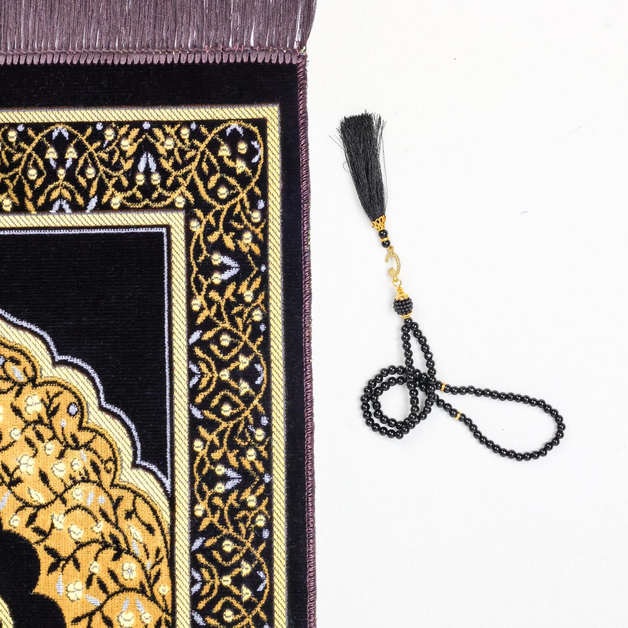 Luxury Turkish Brown & Gold Velvet Prayer Rug with Prayer Cap - Firaset