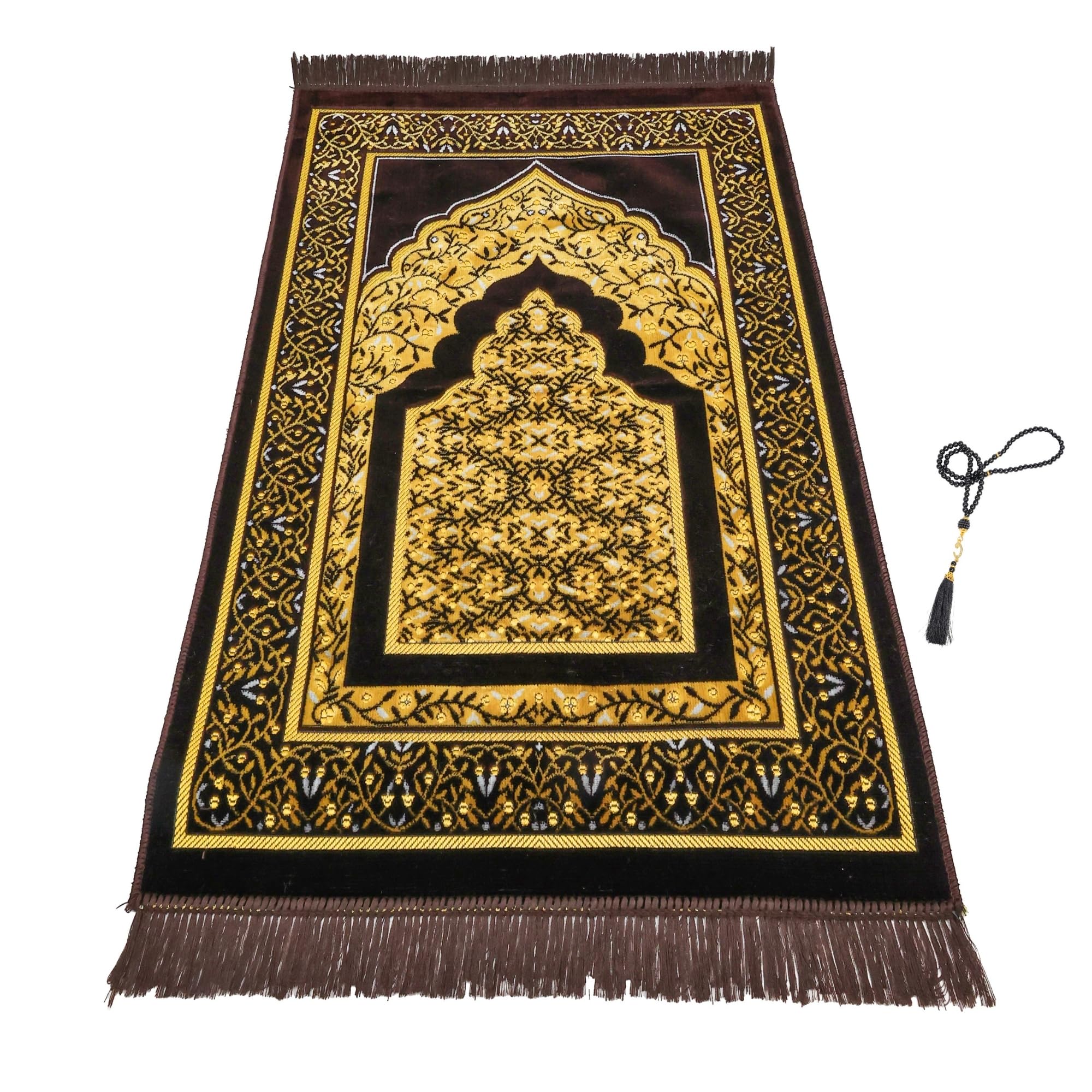 Luxury Turkish Brown & Gold Velvet Prayer Rug with Prayer Cap - Firaset