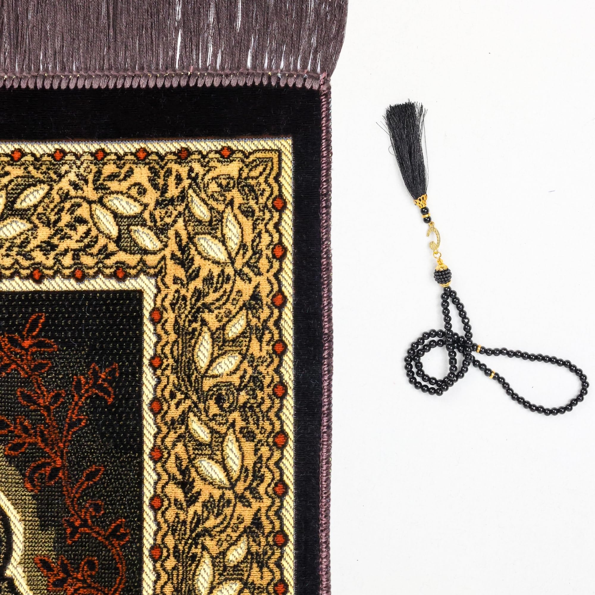 Luxury Turkish Brown & Gold Velvet Prayer Rug with Prayer Cap - Firaset
