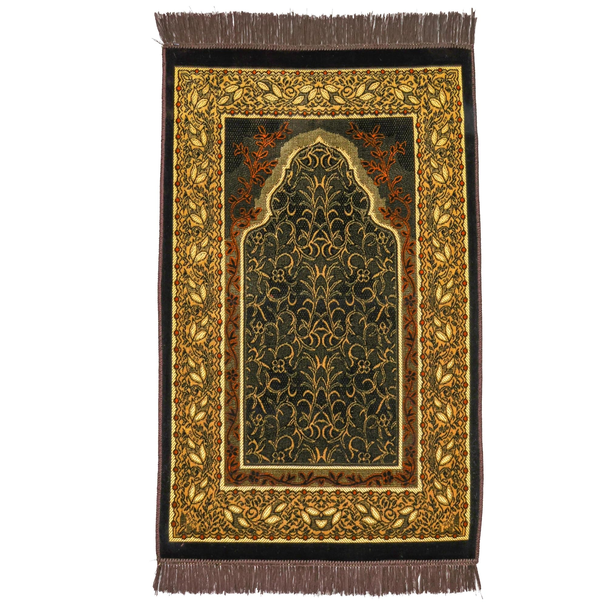 Luxury Turkish Brown & Gold Velvet Prayer Rug with Prayer Cap - Firaset