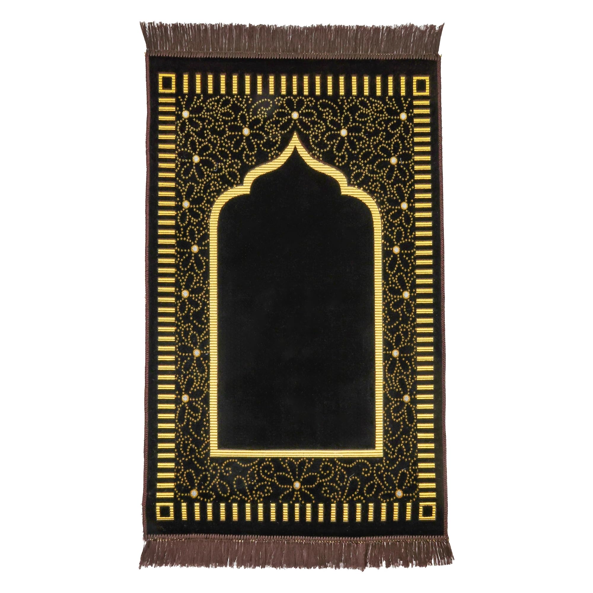 Luxury Turkish Dark Brown & Gold Velvet Prayer Rug with Prayer Cap - Firaset