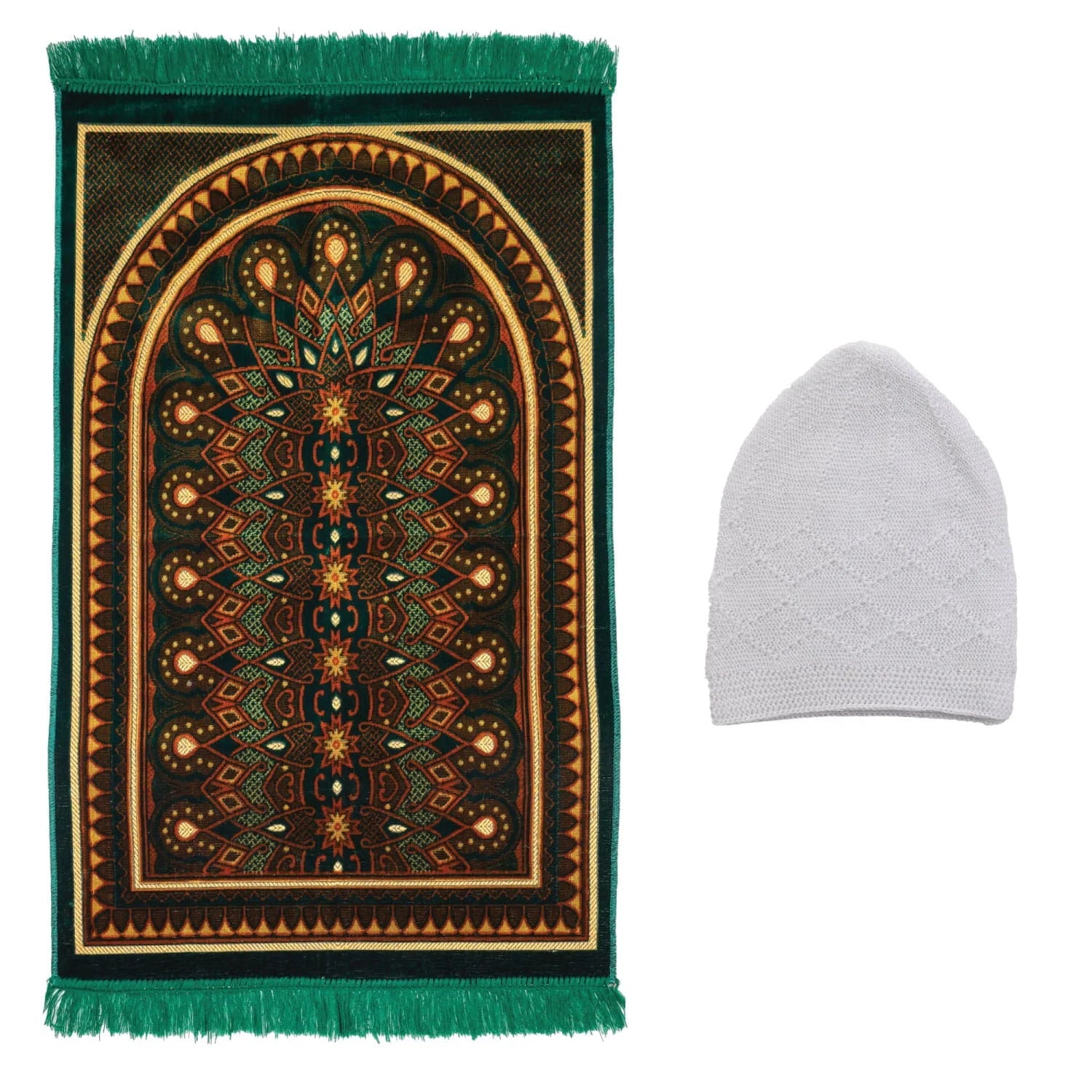 Luxury Turkish Emerald Green & Bronze Velvet Prayer Rug with Prayer Cap - Firaset