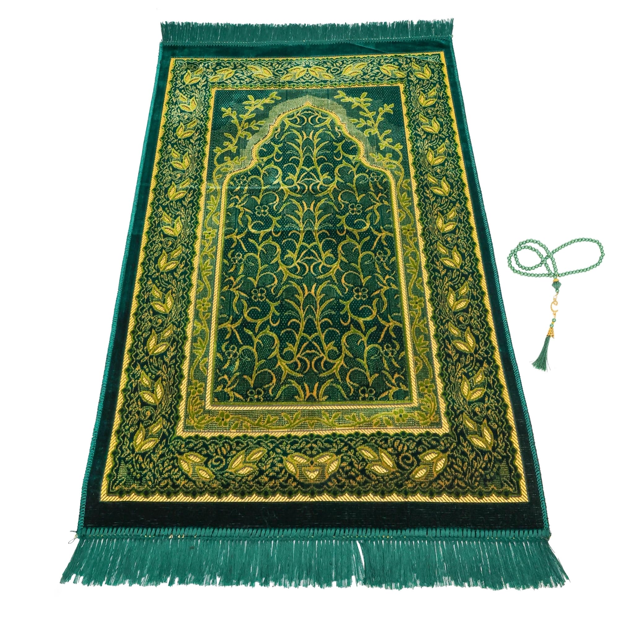 Luxury Turkish Emerald Green Velvet Prayer Rug with Prayer Cap - Firaset