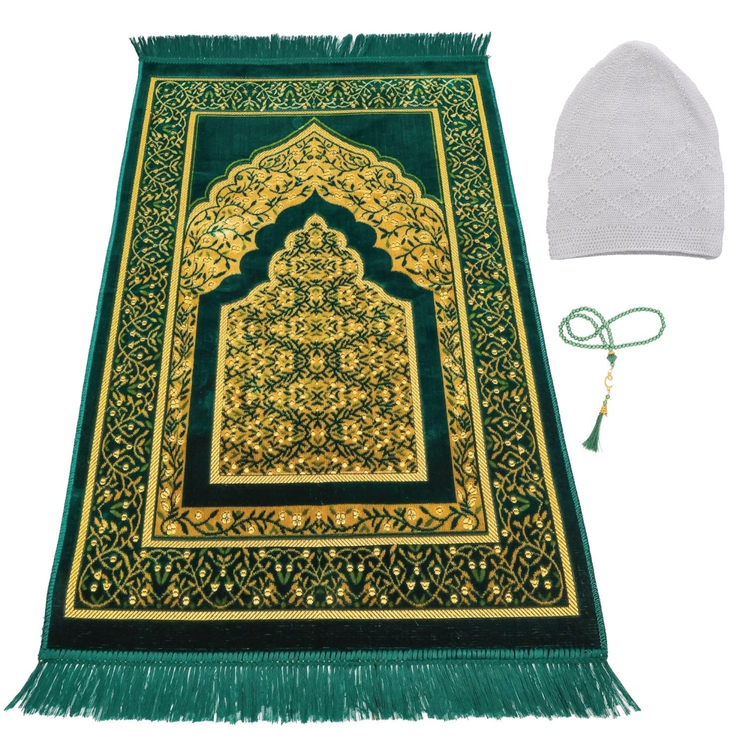 Luxury Turkish Forest Green Velvet Prayer Rug with Prayer Cap - Firaset