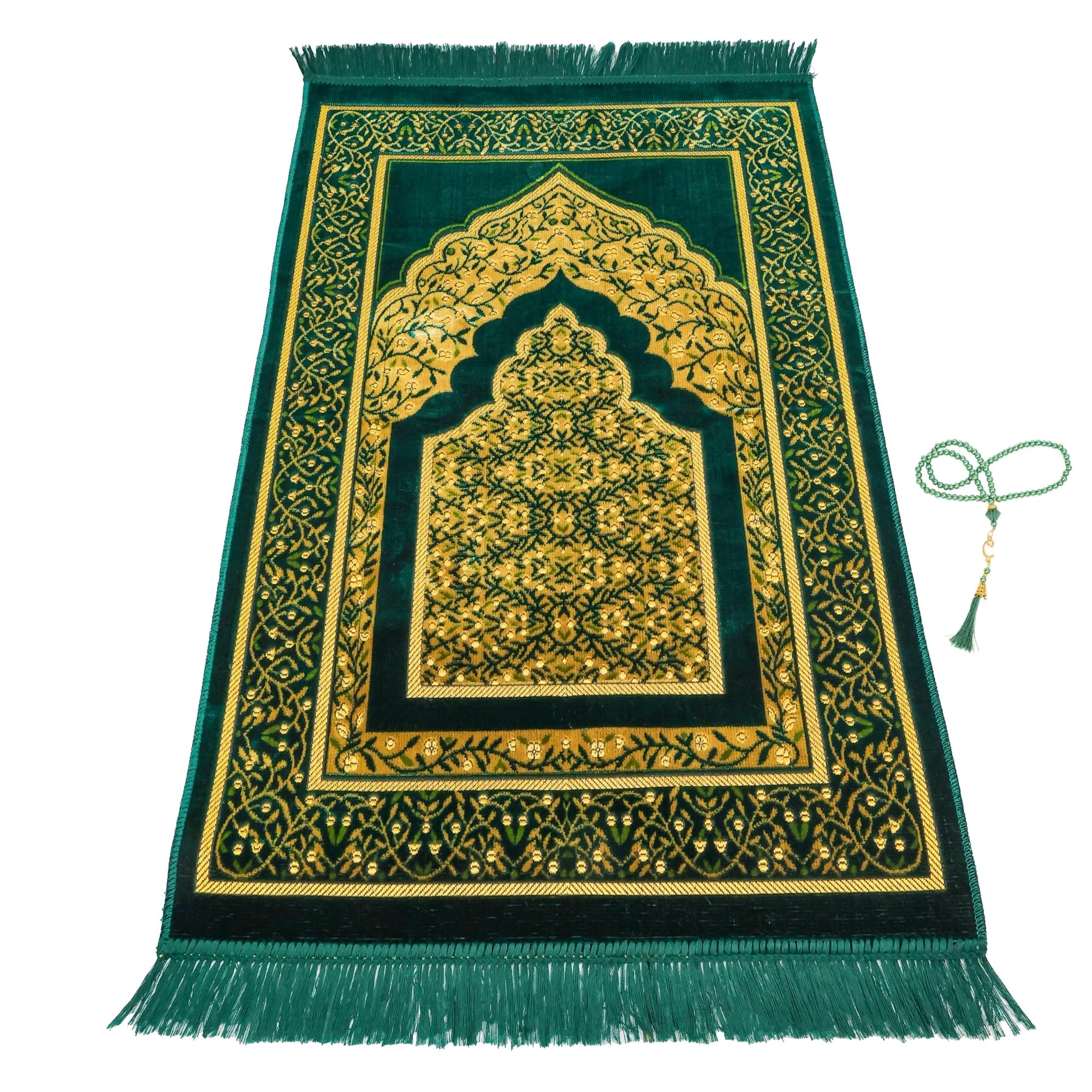 Luxury Turkish Forest Green Velvet Prayer Rug with Prayer Cap - Firaset