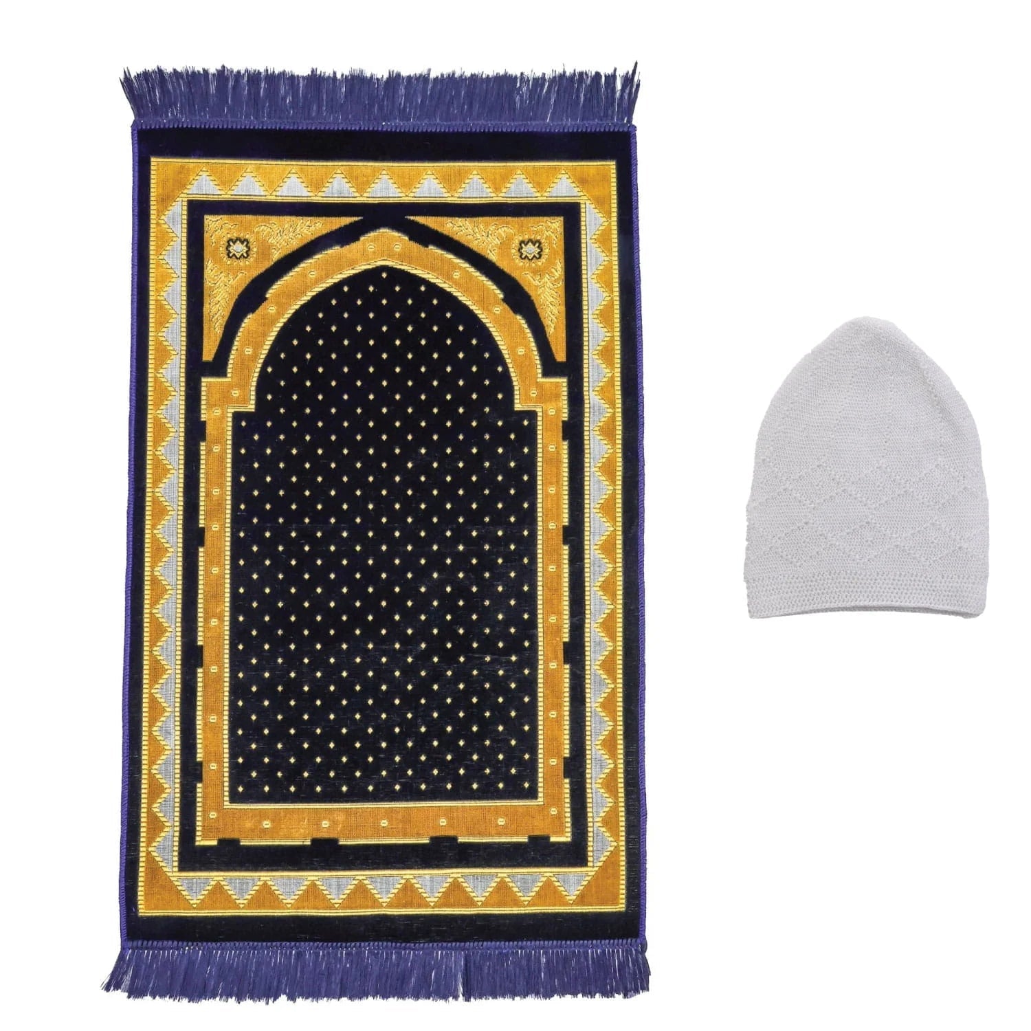 Luxury Turkish Navy Blue & Gold Velvet Prayer Rug with Prayer Cap - Firaset