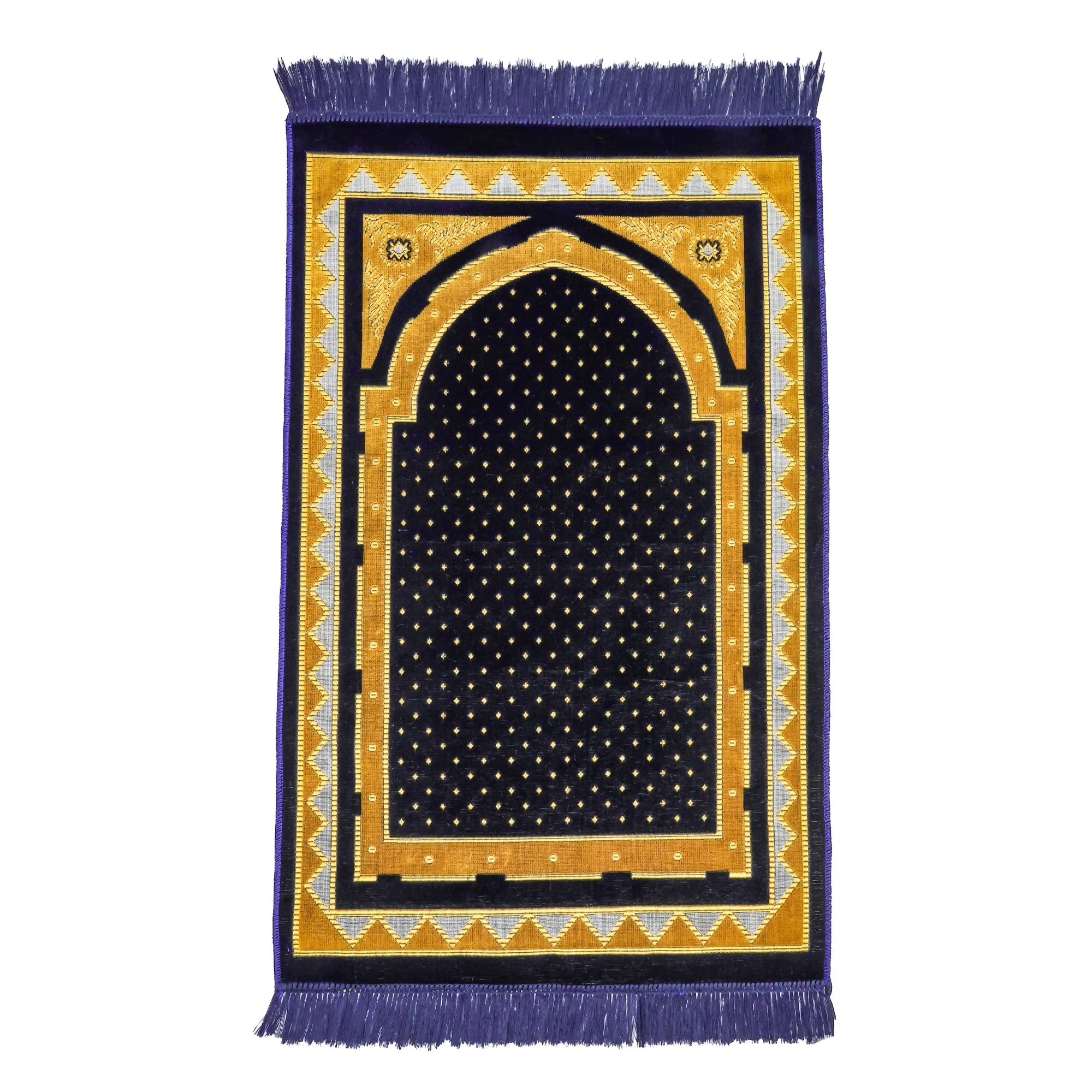 Luxury Turkish Navy Blue & Gold Velvet Prayer Rug with Prayer Cap - Firaset