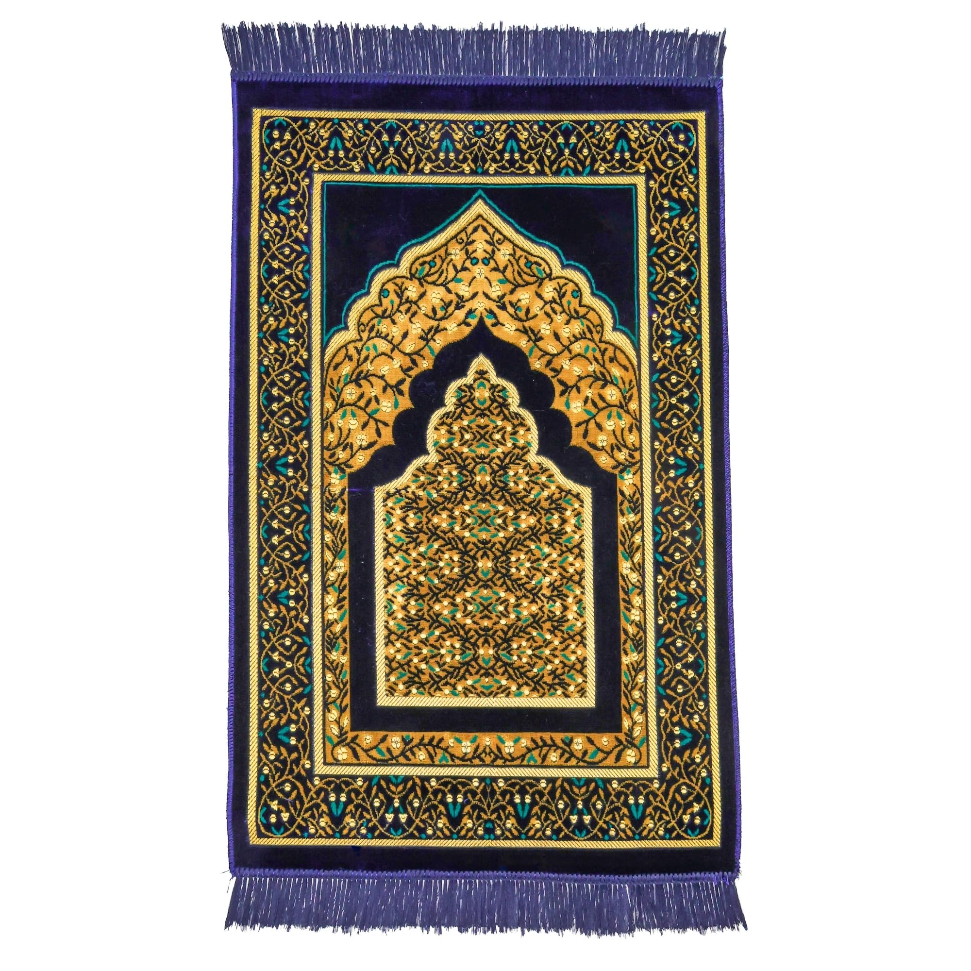 Luxury Turkish Navy & Gold Velvet Prayer Rug with Prayer Cap - Firaset