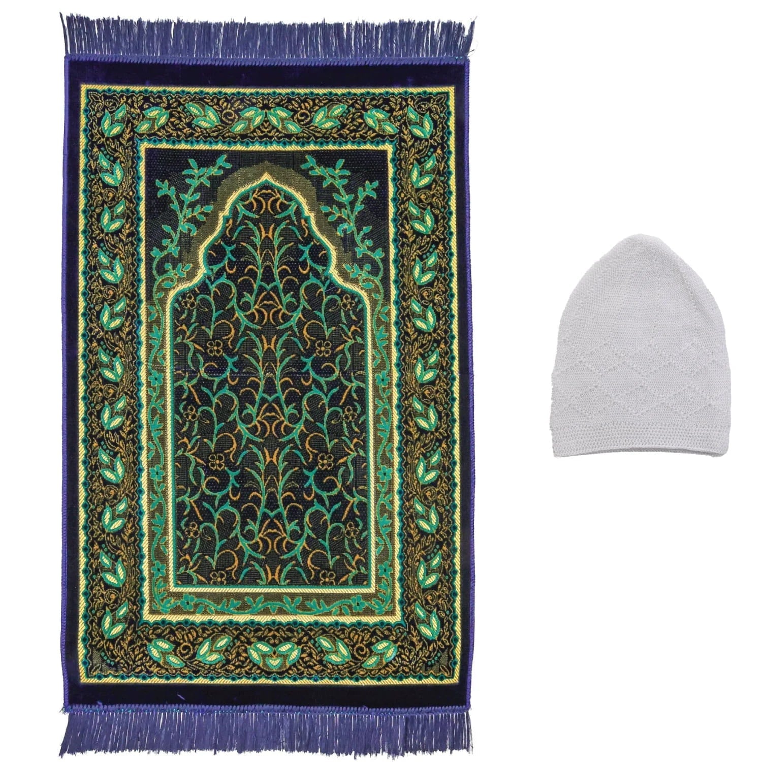 Luxury Turkish Navy Green Velvet Prayer Rug with Prayer Cap - Firaset