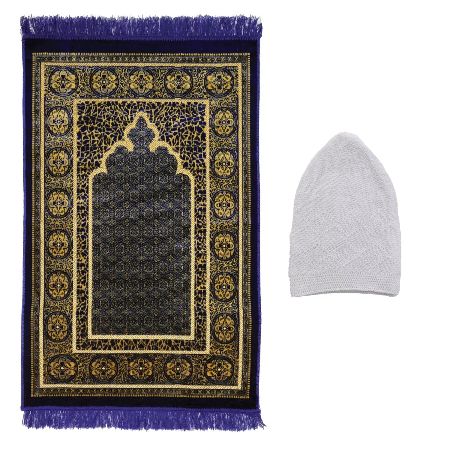 Luxury Turkish Royal Blue Velvet Prayer Rug with Prayer Cap - Firaset