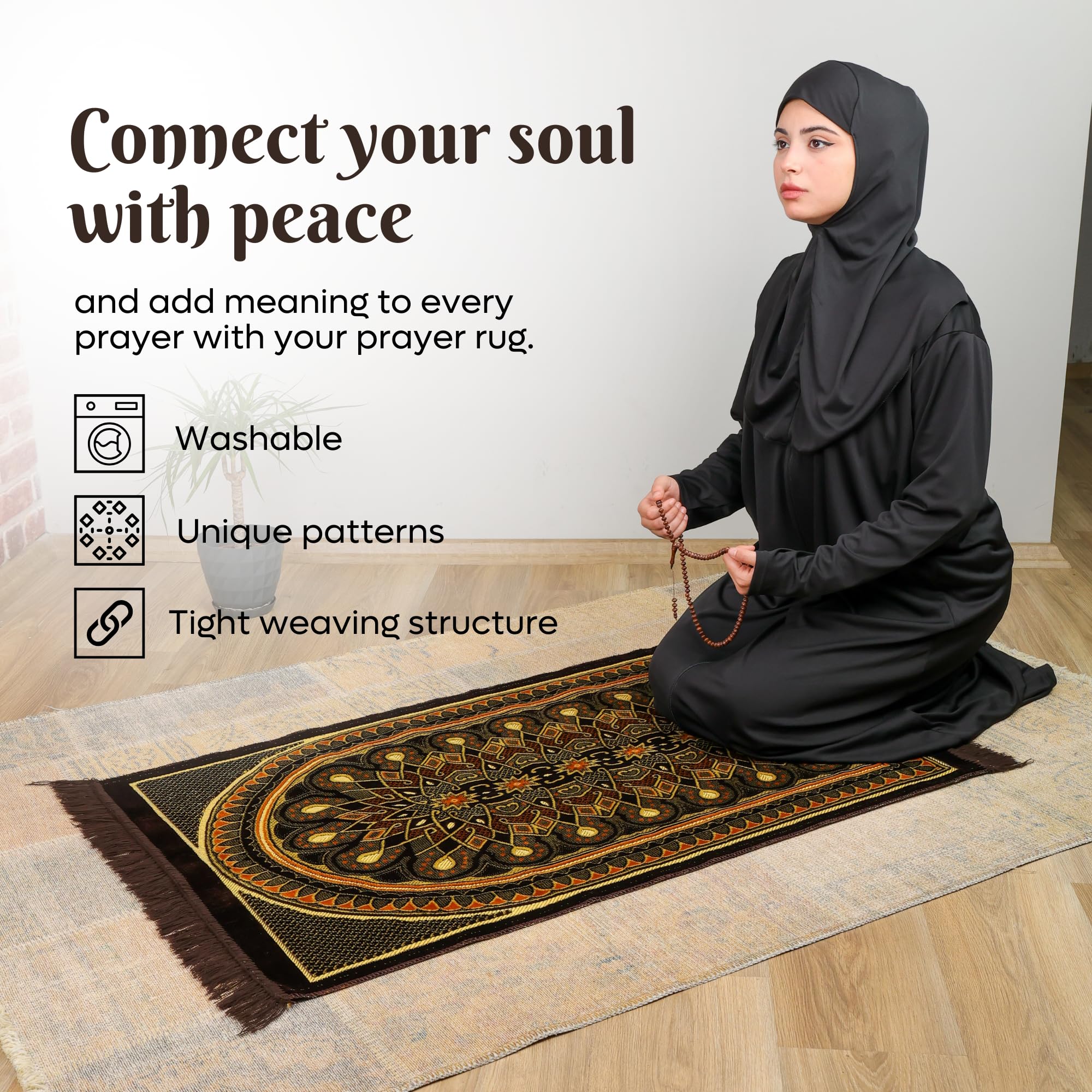Luxury Turkish Royal Deep Brown & Gold Velvet Prayer Rug with Prayer Cap - Firaset