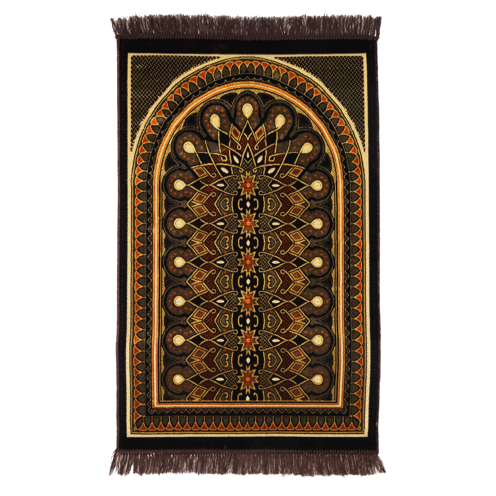 Luxury Turkish Royal Deep Brown & Gold Velvet Prayer Rug with Prayer Cap - Firaset