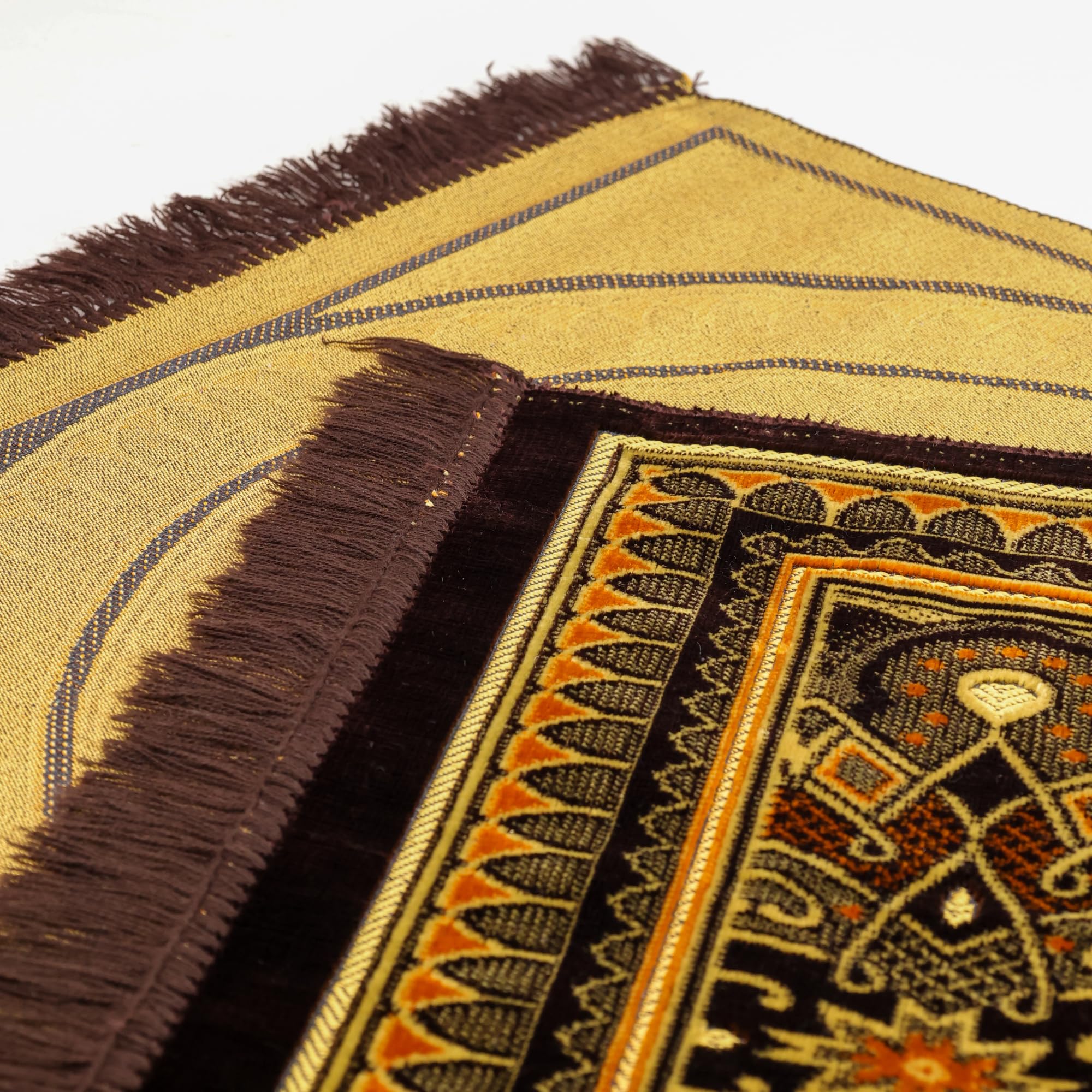 Luxury Turkish Royal Deep Brown & Gold Velvet Prayer Rug with Prayer Cap - Firaset