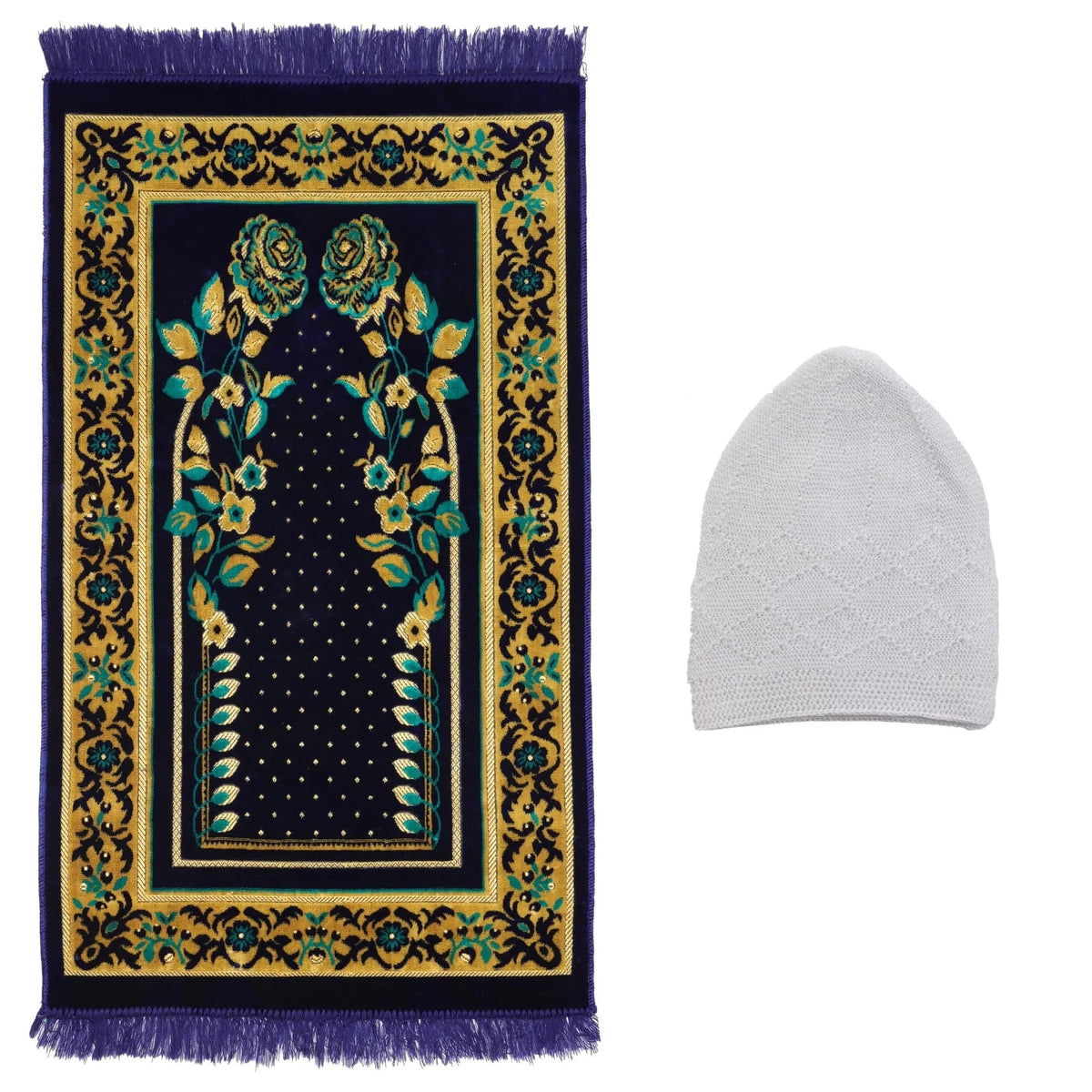 Luxury Turkish Royal Navy & Turquoise Velvet Prayer Rug with Prayer Ca