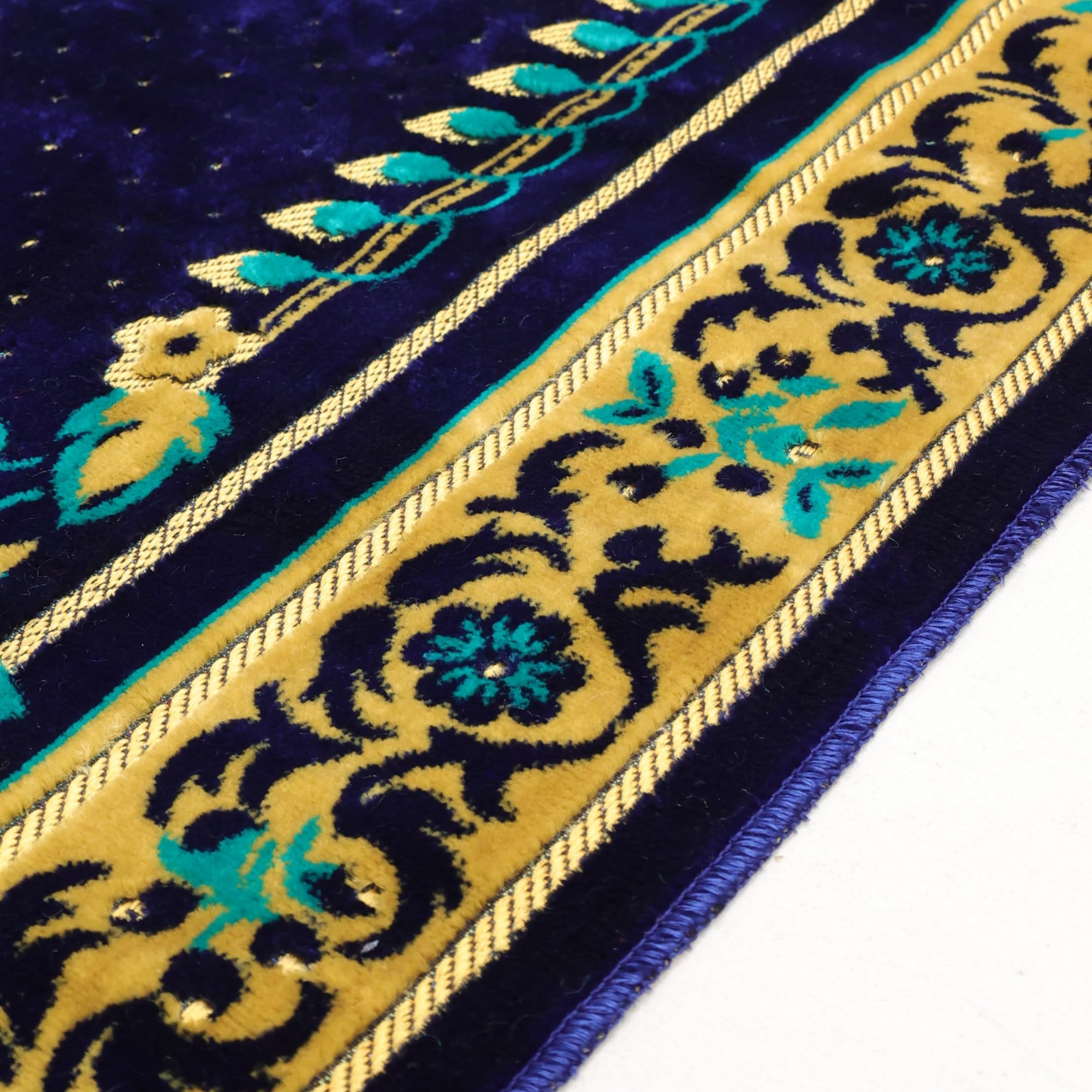 Luxury Turkish Royal Navy & Turquoise Velvet Prayer Rug with Prayer Cap - Firaset