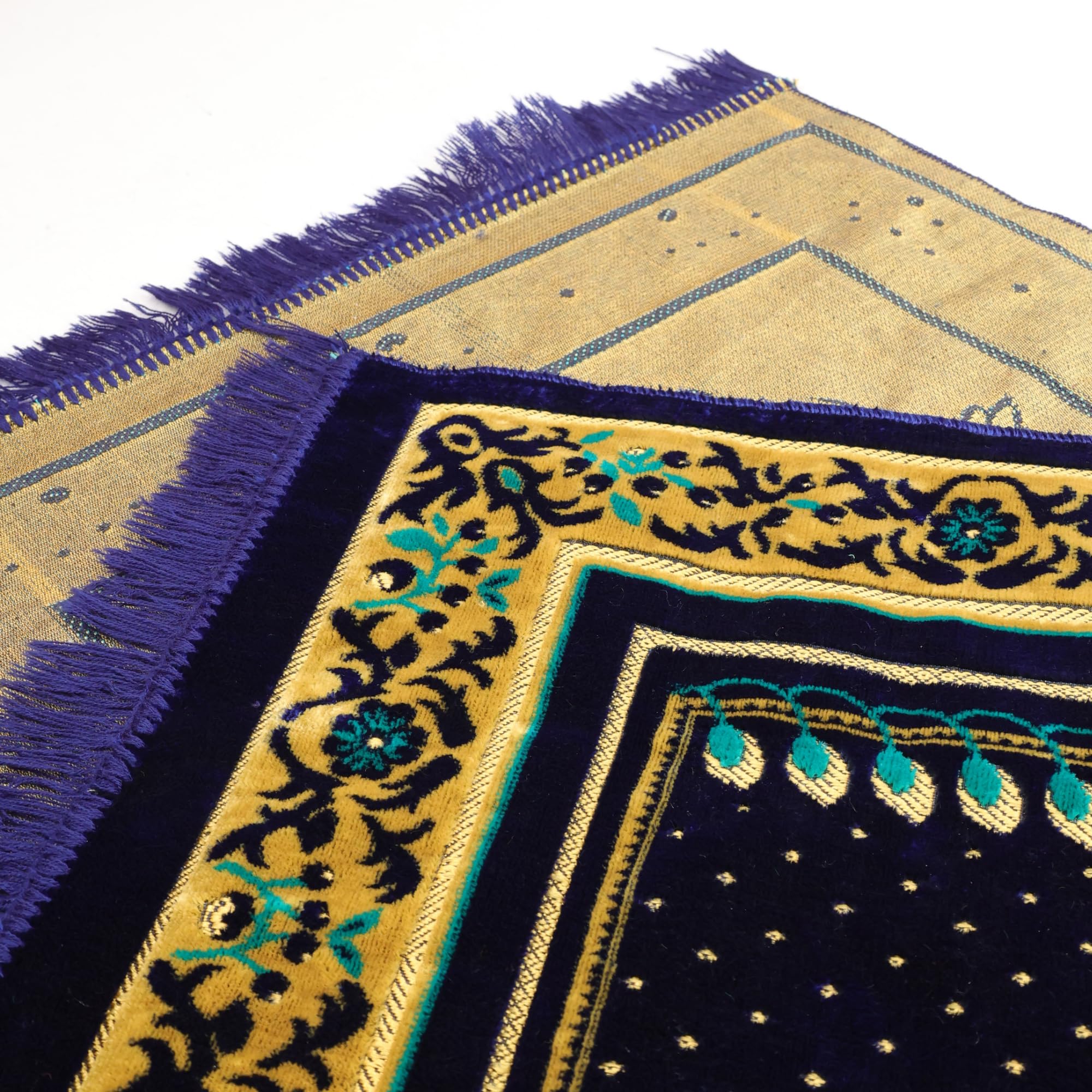 Luxury Turkish Royal Navy & Turquoise Velvet Prayer Rug with Prayer Cap - Firaset