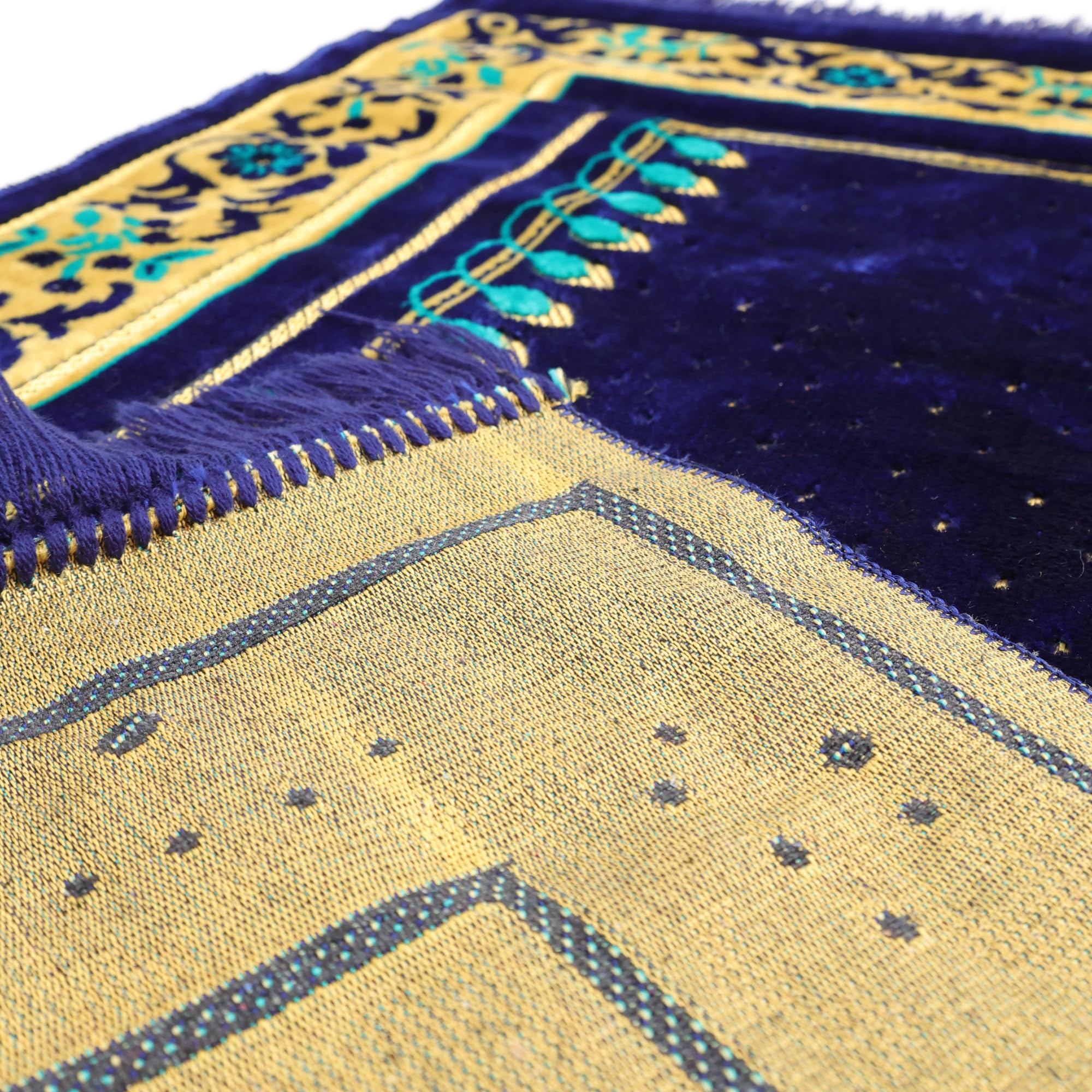 Luxury Turkish Royal Navy & Turquoise Velvet Prayer Rug with Prayer Cap - Firaset