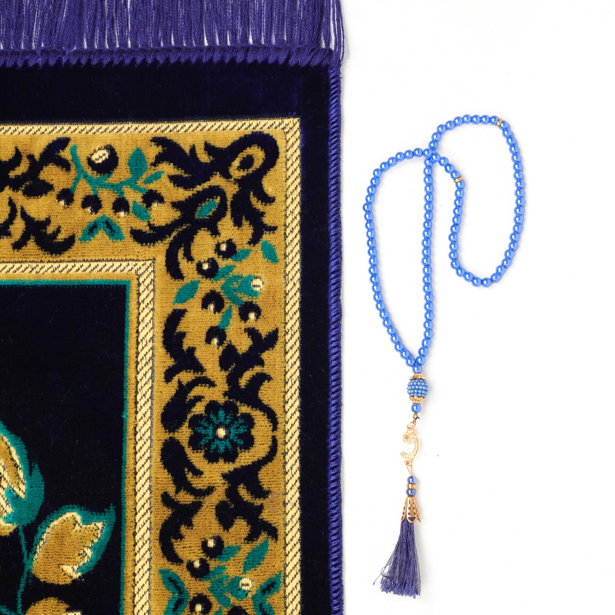 Luxury Turkish Royal Navy & Turquoise Velvet Prayer Rug with Prayer Cap - Firaset