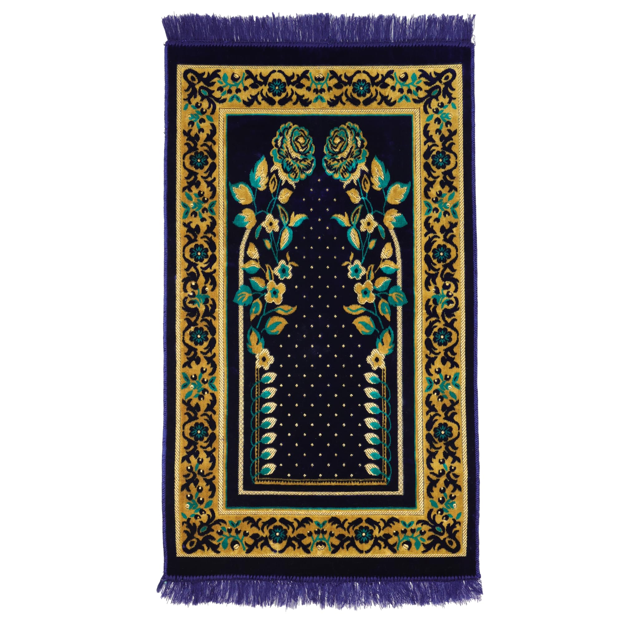 Luxury Turkish Royal Navy & Turquoise Velvet Prayer Rug with Prayer Cap - Firaset