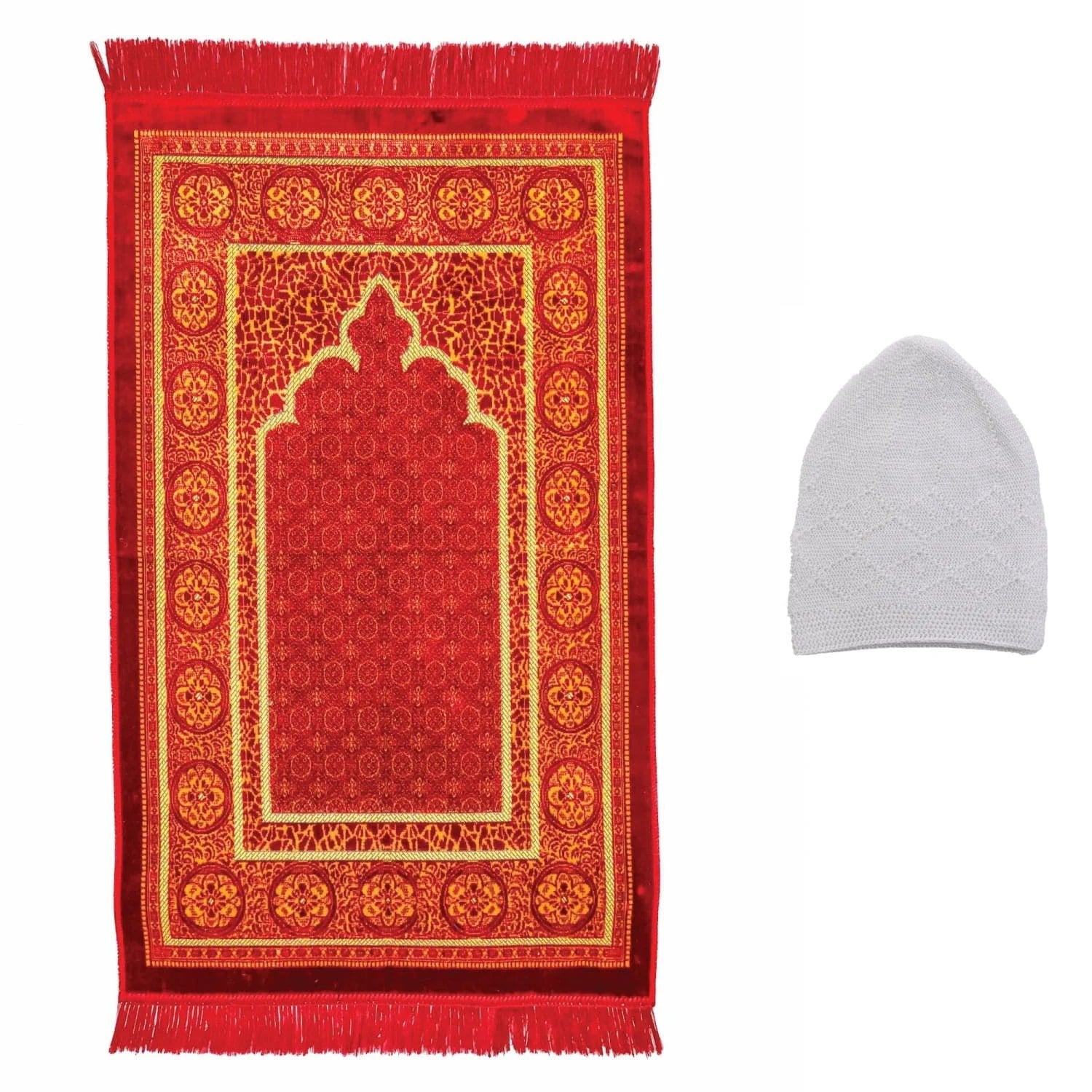 Luxury Turkish Royal Red & Gold Velvet Prayer Rug with Prayer Cap - Firaset