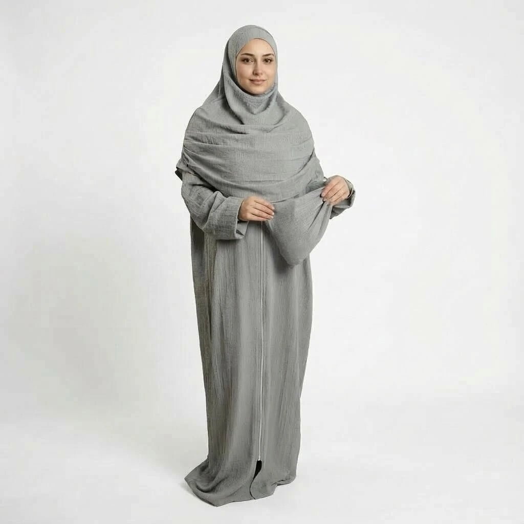 Neva 2 - Piece Women's Islamic Grey Prayer Dress with Zipper - Top, Skirt & Bag - Firaset