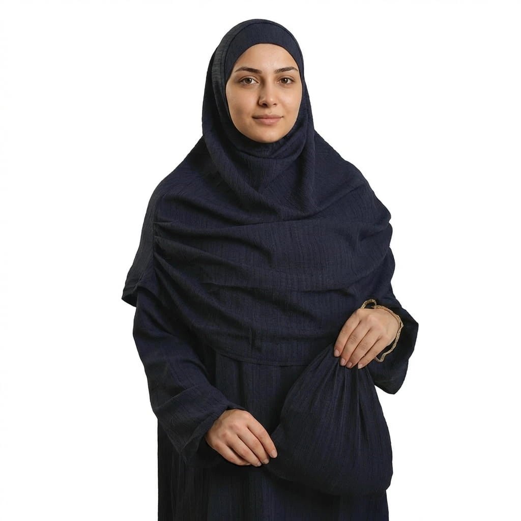 Neva 2 - Piece Women's Islamic Navy Blue Prayer Dress with Zipper - Top, Skirt & Bag - Firaset