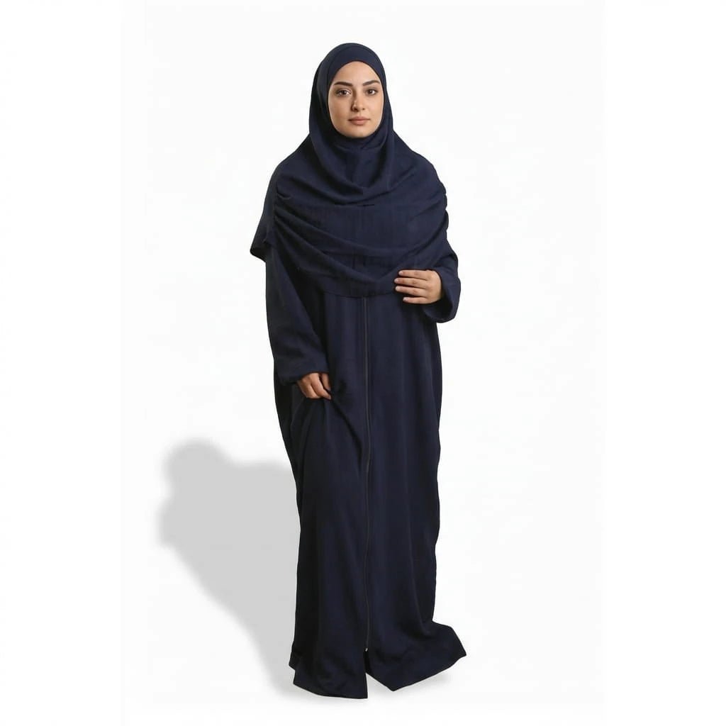 Neva 2 - Piece Women's Islamic Navy Blue Prayer Dress with Zipper - Top, Skirt & Bag - Firaset
