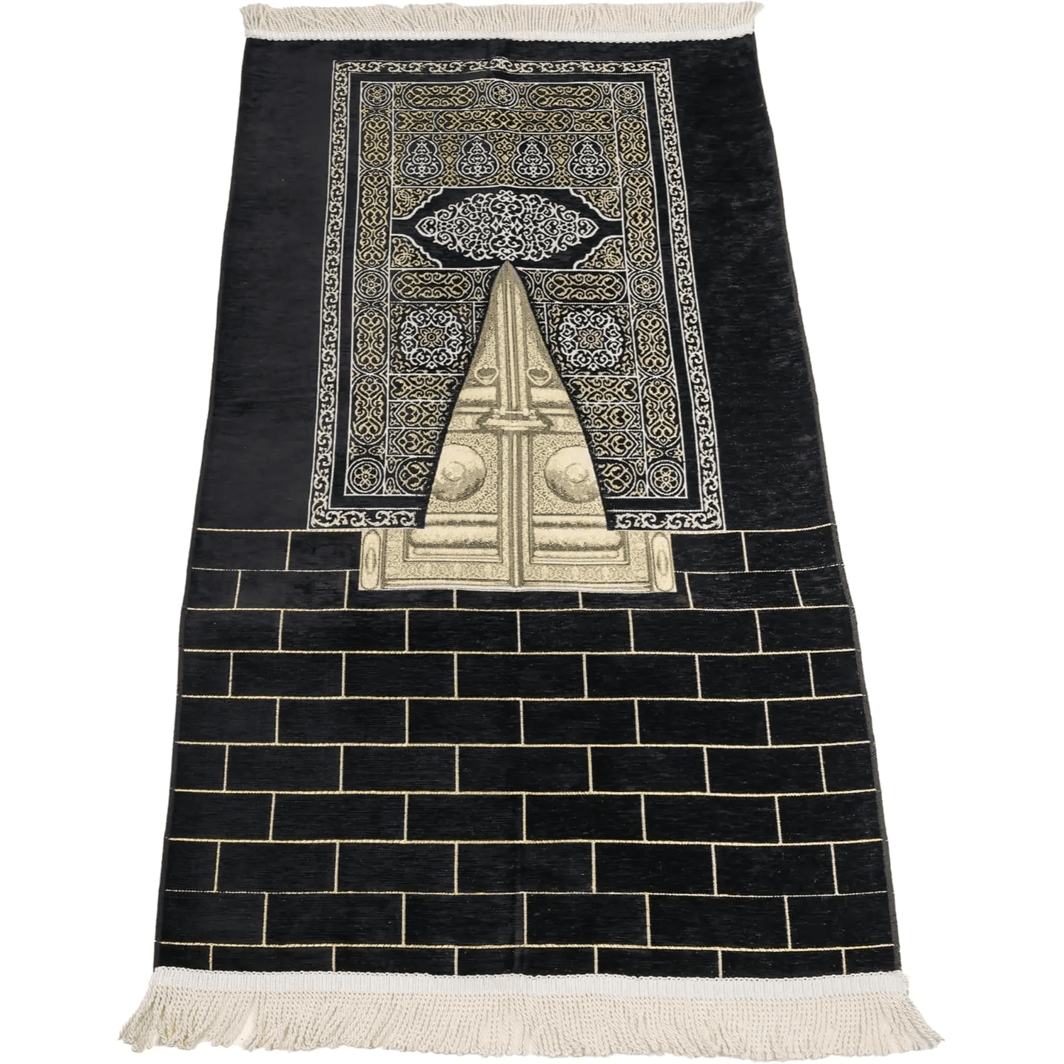 Turkish Velvet Muslim Prayer Rug – Soft Plush Islamic Sajada Mat (2'2" x 3'7") – Elegant Black & Gold Design - Firaset